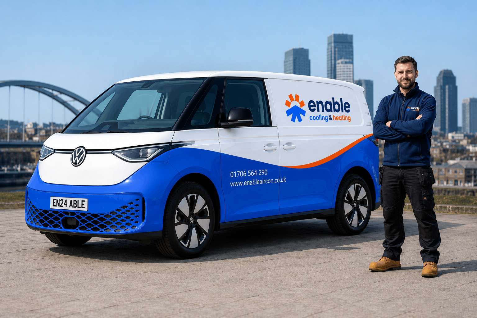 Enable Cooling & Heating service van and engineer with Manchester skyline