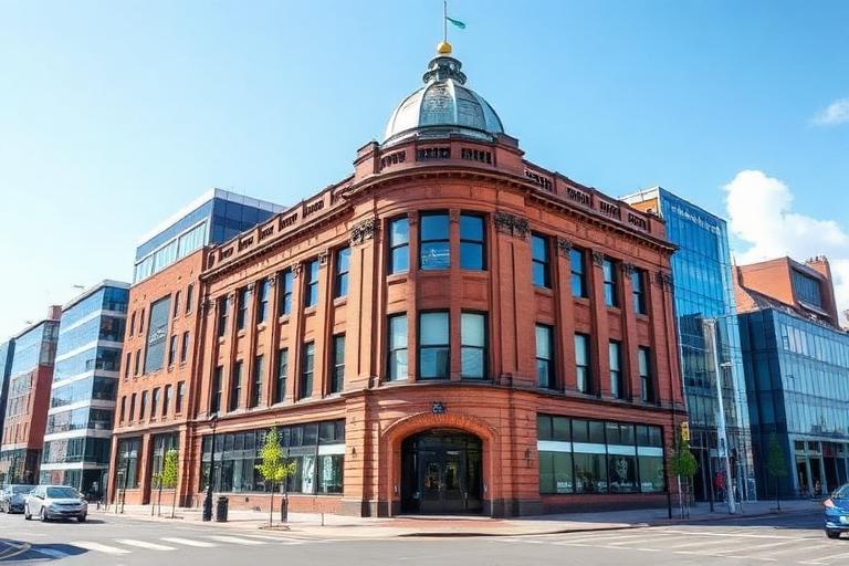 Bolton town centre commercial buildings on a bright day