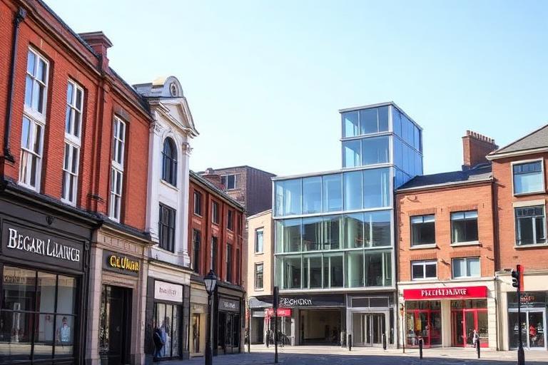 Oldham town centre with civic buildings and shops