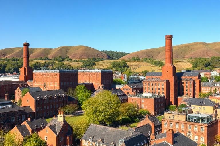 Converted red brick mill buildings in Rochdale with hills behind