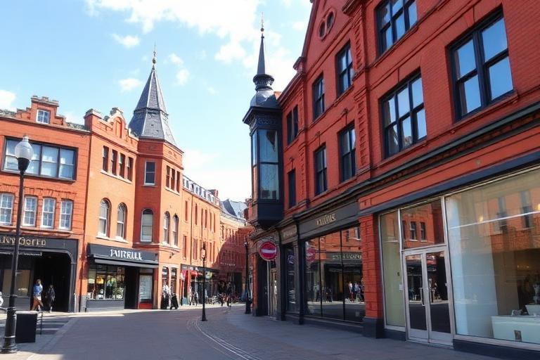 Red brick town centre buildings and shopfronts in Stockport