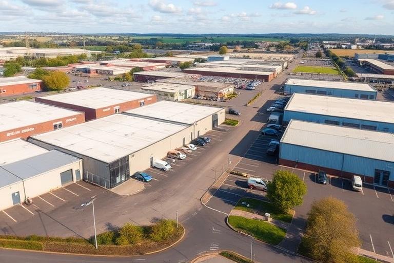 Aerial view of a Tameside industrial estate and commercial units