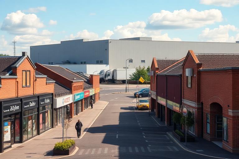 Wigan retail parade with a distribution warehouse behind